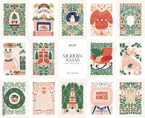 Merry Christmas and Happy New Year illustration. Modern trendy Matisse minimal style. Hand drawn design for wallpaper, wall decor, print, postcard, cover, template, banner.