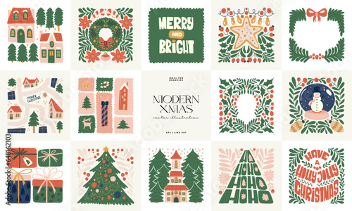 Merry Christmas and Happy New Year illustration. Modern trendy Matisse minimal style. Hand drawn design for wallpaper, wall decor, print, postcard, cover, template, banner.