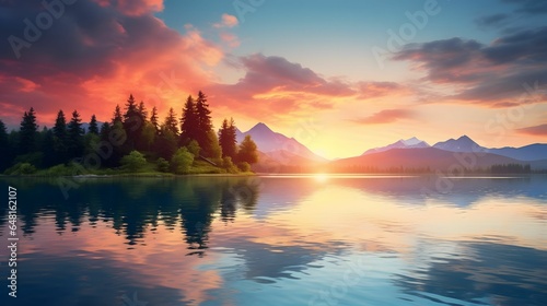 a serene desktop wallpaper featuring a calm and clear lake surrounded by lush green trees and distant mountains. The sky should have a gentle gradient from a soft blue at the top to a warm orange near