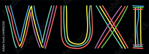 WUXI. Isolate neon doodle lettering text, multi-colored curved neon lines, felt-tip pen or pensil. Chinese city WUXI for banner, China t-shirts, mobile apps, typography, web resources