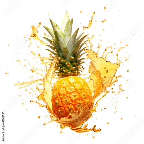 Pineapple with juice splash, isolated on the white background, summer fruits concept, realistic design illustration, generative ai