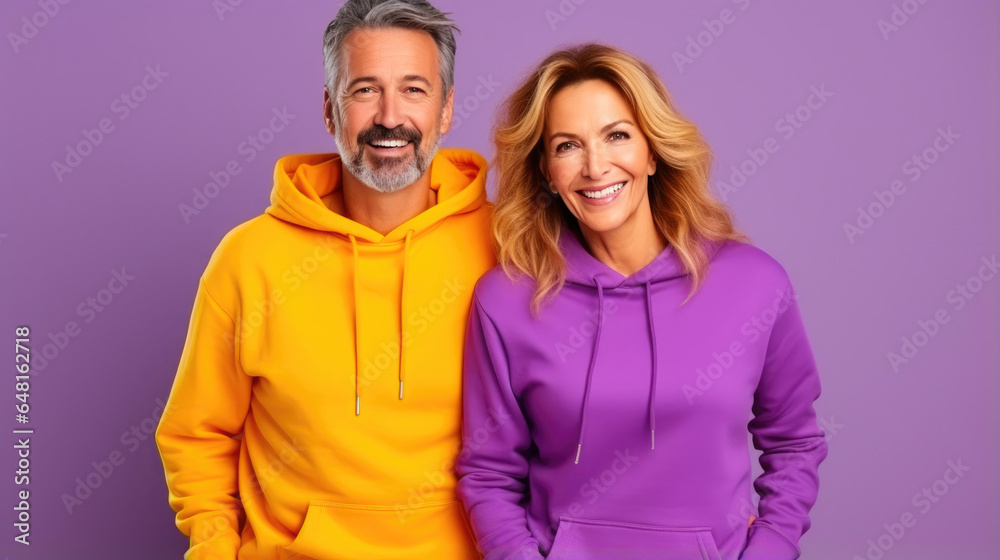 Vibrant Sweatshirt Mockup Featuring a Middle-Aged Duo