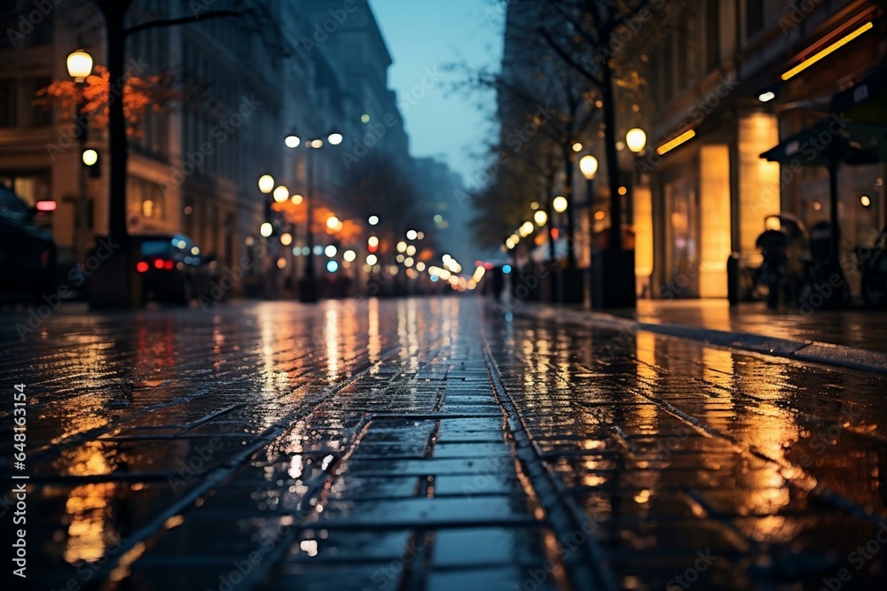 a city street with a wet sidewalk and buildings at night, lights reflecting off the wet pavement, rain on the ground, blurry background of buildings. Generative AI