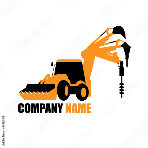 Excavator logo in black and orange colors. For construction companies, rental of special equipment, sale of spare parts