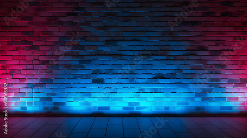 Neon light on brick walls that are not plastered background and texture. Lighting effect red and blue neon background