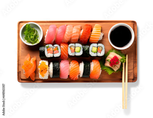 Complete Sushi Set on special tray, isolated on a white background, Asian food concept, realistic design illustration, generative ai