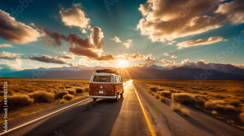A vintage van traveling, nomadic escape alone in nature at sunset, on a desert path for a road trip towards adventure and freedom