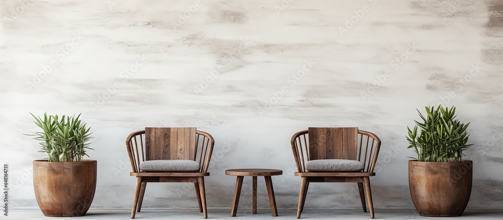 Wooden furniture including three chairs and a table with a succulent pot on a white brick background