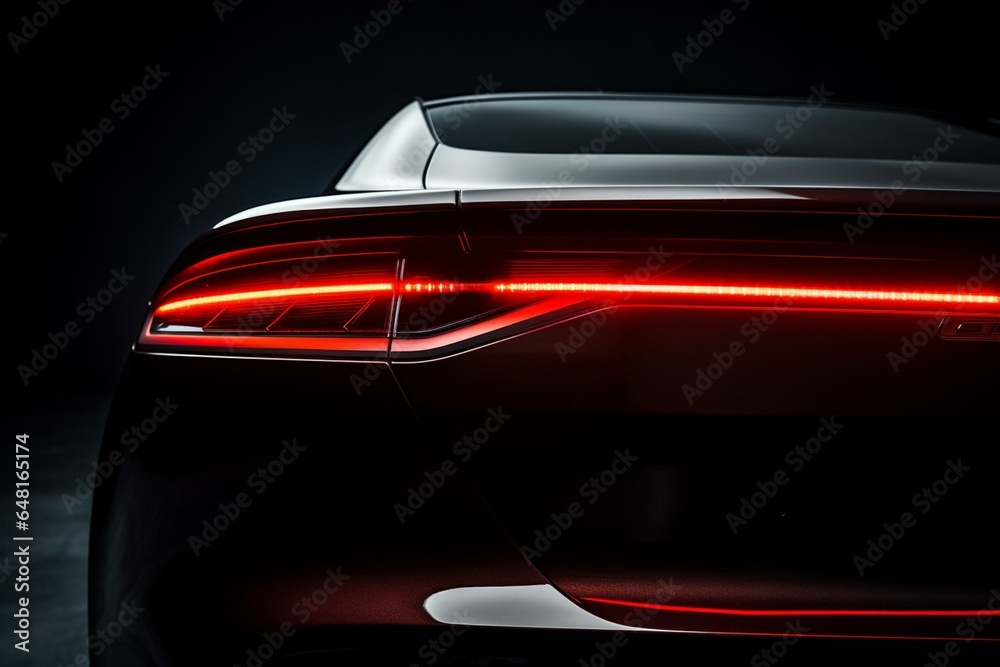 Close-up of rear LED light on a modern car against a dark background. Generative AI