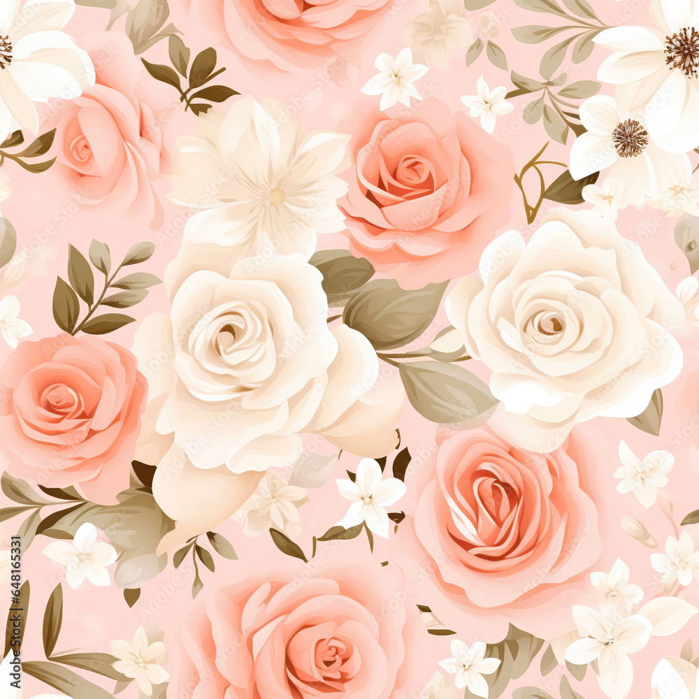 Seamless Floral Pattern with Ivory and Peach Rose Flowers Seamless Floral Pattern with Ivory and Peach Rose Flowers