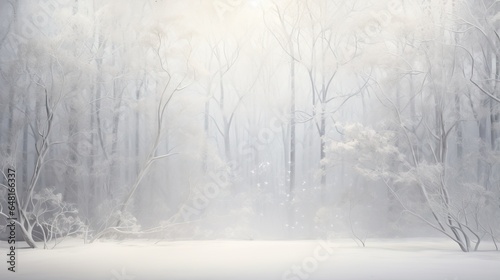  a painting of a snowy forest with trees and sun shining through the trees.  generative ai