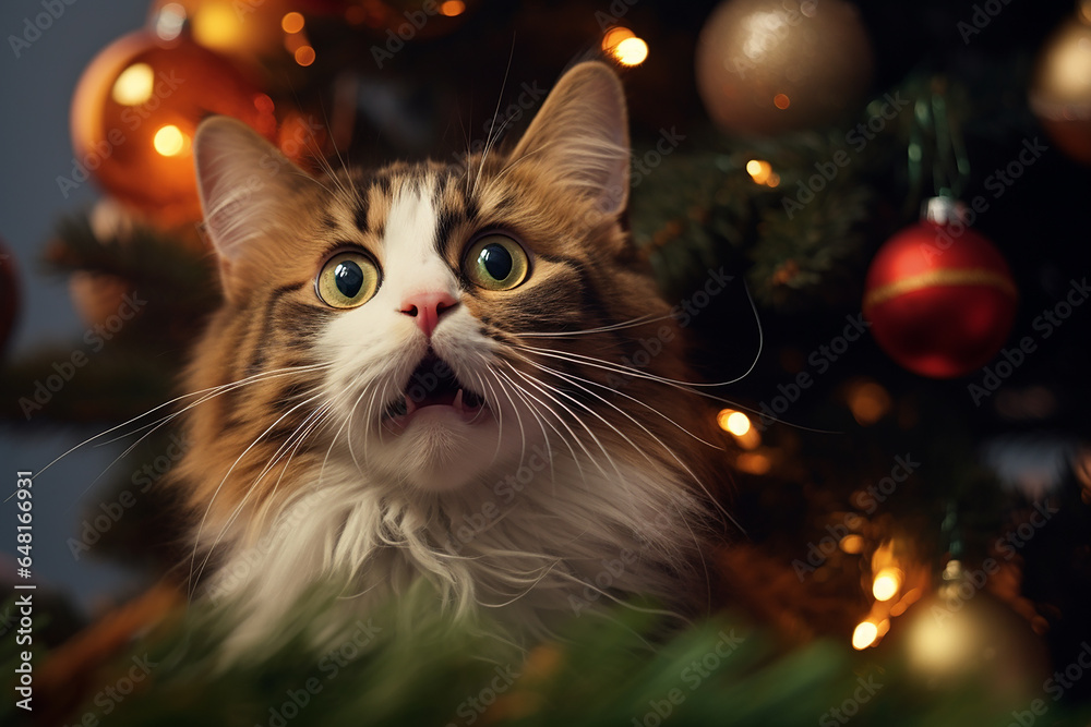 A frightened orange-white striped cat in a red cap against the background of a Christmas tree, guarding gifts, saw Santa Claus