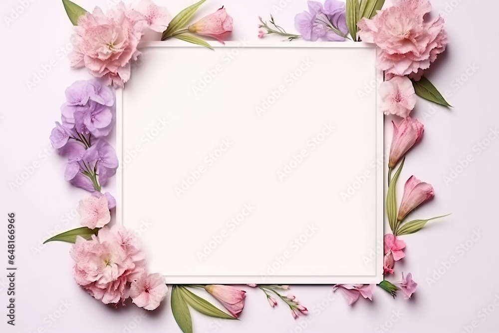 Blank paper card mockup with frame made of flowers Eustoma, lisianthus. Festive floral composition with copy space on a pink pastel background. Blank paper card mockup with frame made of flowers Eustoma, lisianthus. Festive floral composition with copy space on a pink pastel background.