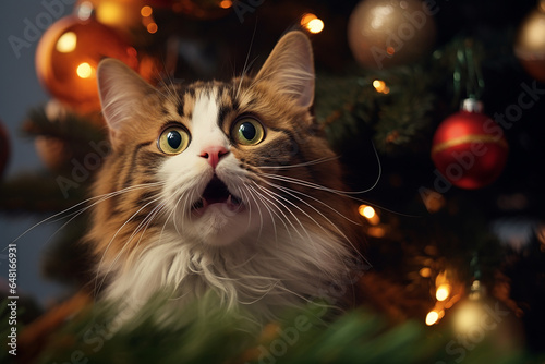A frightened orange-white striped cat in a red cap against the background of a Christmas tree, guarding gifts, saw Santa Claus