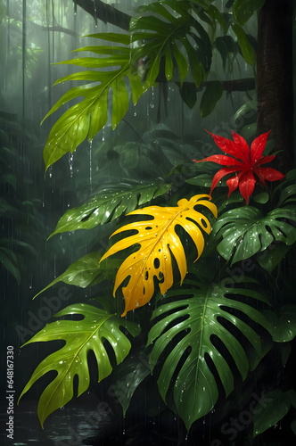 tropical leaves alive amid the rain