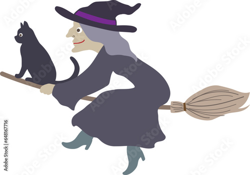  Halloween editable vector illustration element of spooky flying wicked witch with cat on a leftward broom. cute & fun background material