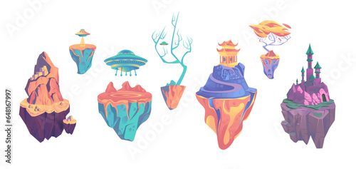 Fantasy cartoon  floating islands. Magic fairytale castle, UFOs, Buddhist monastery in orange and blue scuds, mysterious trees,  
bright, rocky landscape, Summer and autumn in imagination dream