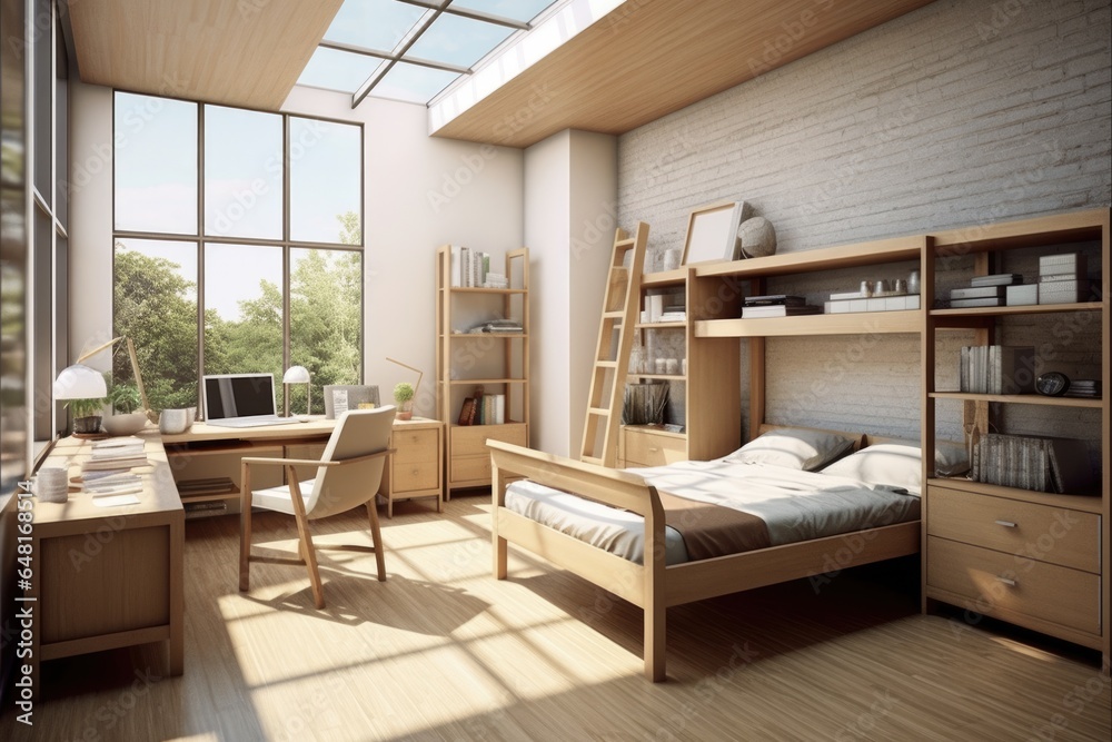 Modern Comfort: A Fresh Take on Home Interiors in a Basic Dorm Room for Single Living - obrazy, fototapety, plakaty 