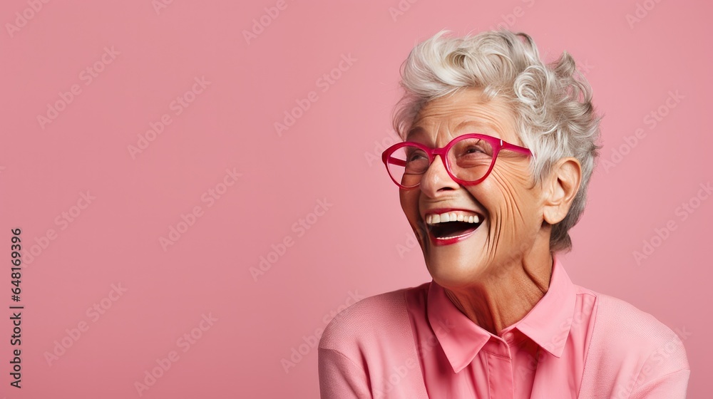 A photo portrait of a thrilled elderly woman in studio light A photo portrait of a thrilled elderly woman in studio light