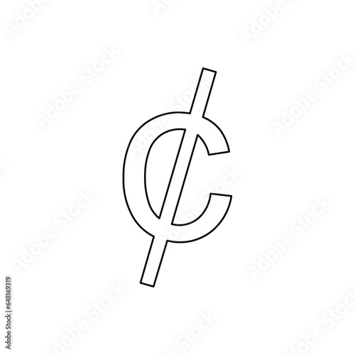 A large black outline cent symbol on the center. Vector illustration on white background