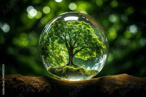 Crystal ball with a green tree inside. Generative AI