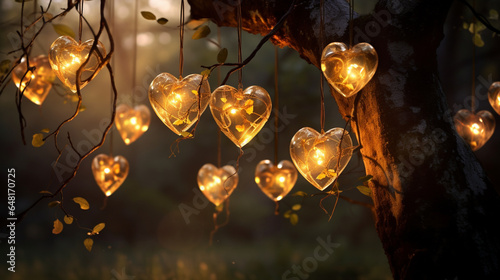 Sparkle Glowing Heart reflected lights, orange and gold, captivating visual, Romantic scenery, dreamy, copy space, greeting card
