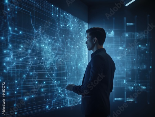Businessman works with financial data. Futuristic interface above computer. Interactive financial diagrams and digital data visualization concept. Global e-business network communication