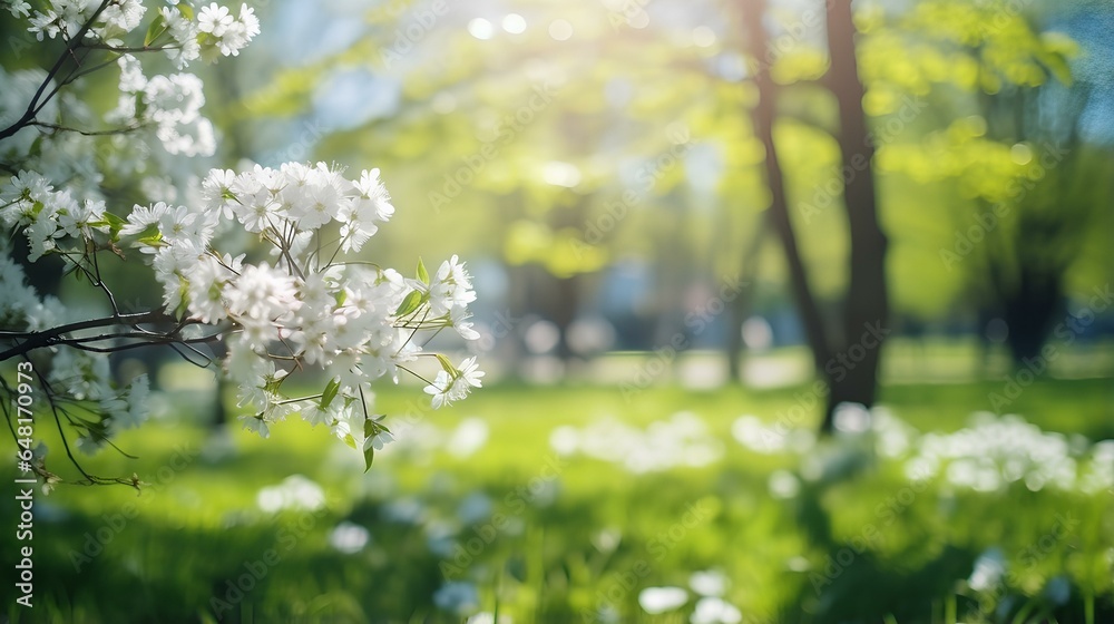 Beautiful blurred spring nature background with blooming glade, trees and blue sky on a sunny day. generative AI - obrazy, fototapety, plakaty 