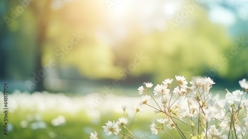 Beautiful blurred spring nature background with blooming glade, trees and blue sky on a sunny day. generative AI