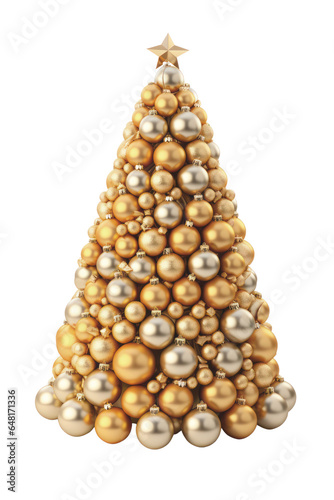 Christmas tree decorated with golden balls isolated on white transparent, png. Xmas fir tree decoration