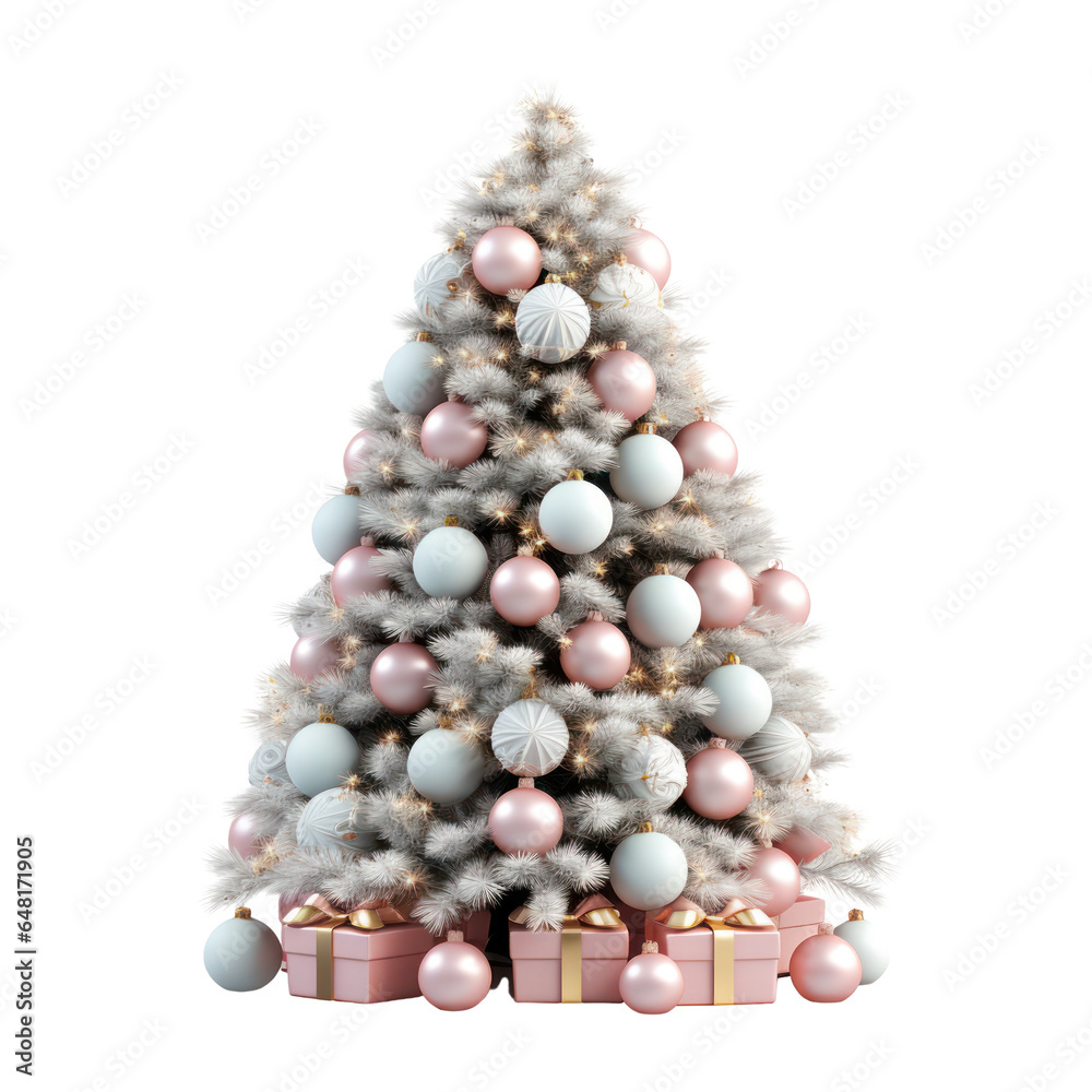 Christmas tree decorated with pastel baubles isolated on white transparent, png. Xmas fir tree decoration balls