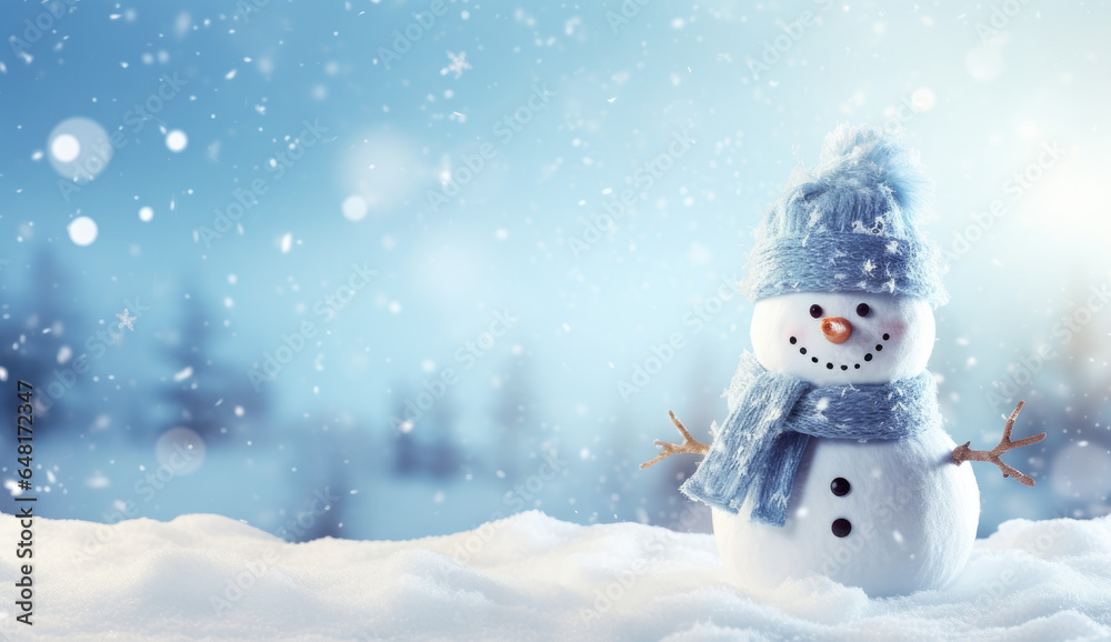 Panoramic view of happy snowman in winter secenery with copy space