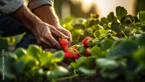 Fényképezés worker hand picking strawberry from the strawberry plant in the garden