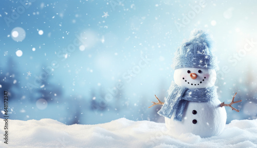 Panoramic view of happy snowman in winter secenery with copy space © Sattawat