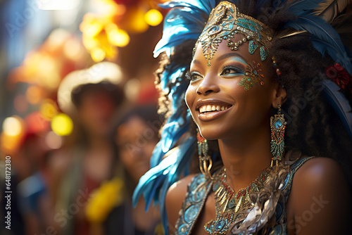 Happy black woman dancing samba for the famous carnival parade