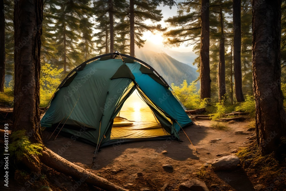 A tent for camping in a scenic hiking location