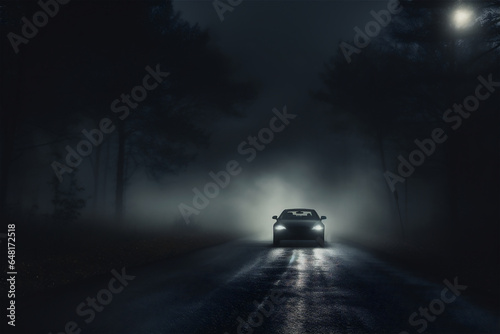 car driving on an dark foggy road at night