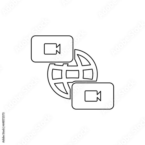 A large black outline videoconference symbol on the center. Vector illustration on white background