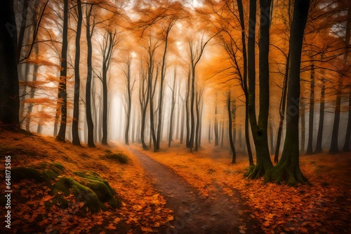 Path trough a strange beautiful forest with fog in autumn © Stone Shoaib