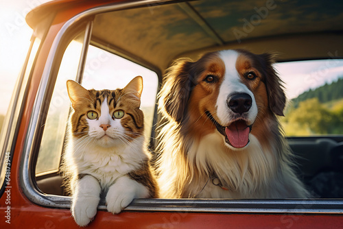 Generative AI photography of a beautiful happy best friend cat and dog riding in a car together having fun