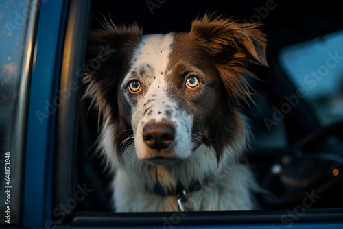 Photo of funny friendly dog looking out of the car window made by generative AI technology © Tetiana