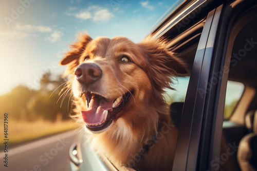 Photography of a happy beautiful dog traveling by car and enjoying weekend trip generative ai concept