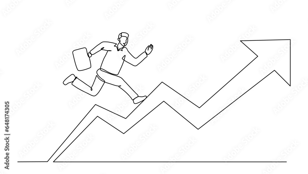 Continuous line art drawing of business man run into the top of up arrow for business, Vector illustration