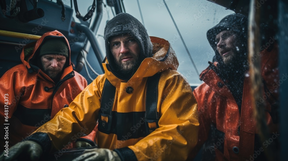 Fishermen on a fishing boat working hard on a rainy and stormy day. Fishermen on a fishing boat working hard on a rainy and stormy day.