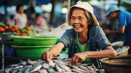 Happy senior Southeast Asian woman sells fish at street market