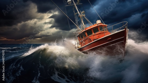 Fishing boat sailing on a brave sea in the storm.