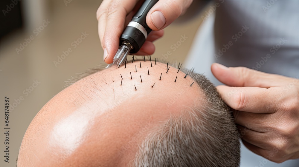 Hair graft on the head of an adult man. - obrazy, fototapety, plakaty 