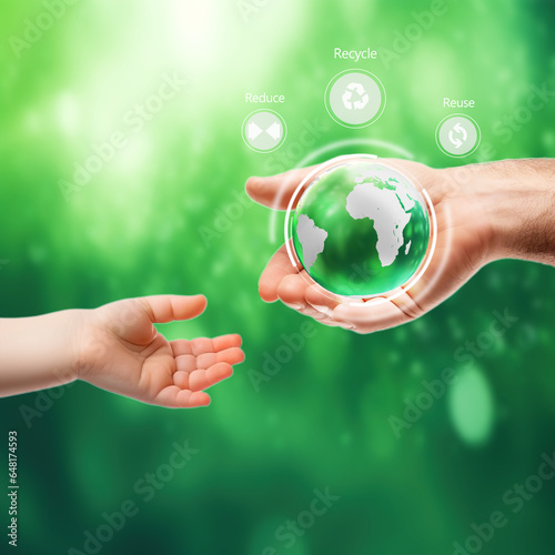 The hands holding the Earth and the icon of reuse reduce recycle in the Zero waste concept and care, saving and renewable for the environment sustainability save earth, hands giving earth to child