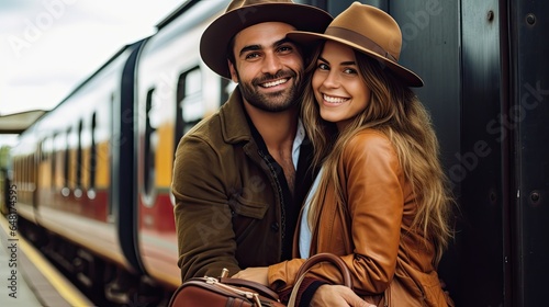 Young couple in love ready to travel by train.