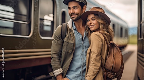 Young couple in love ready to travel by train. © MiguelAngel